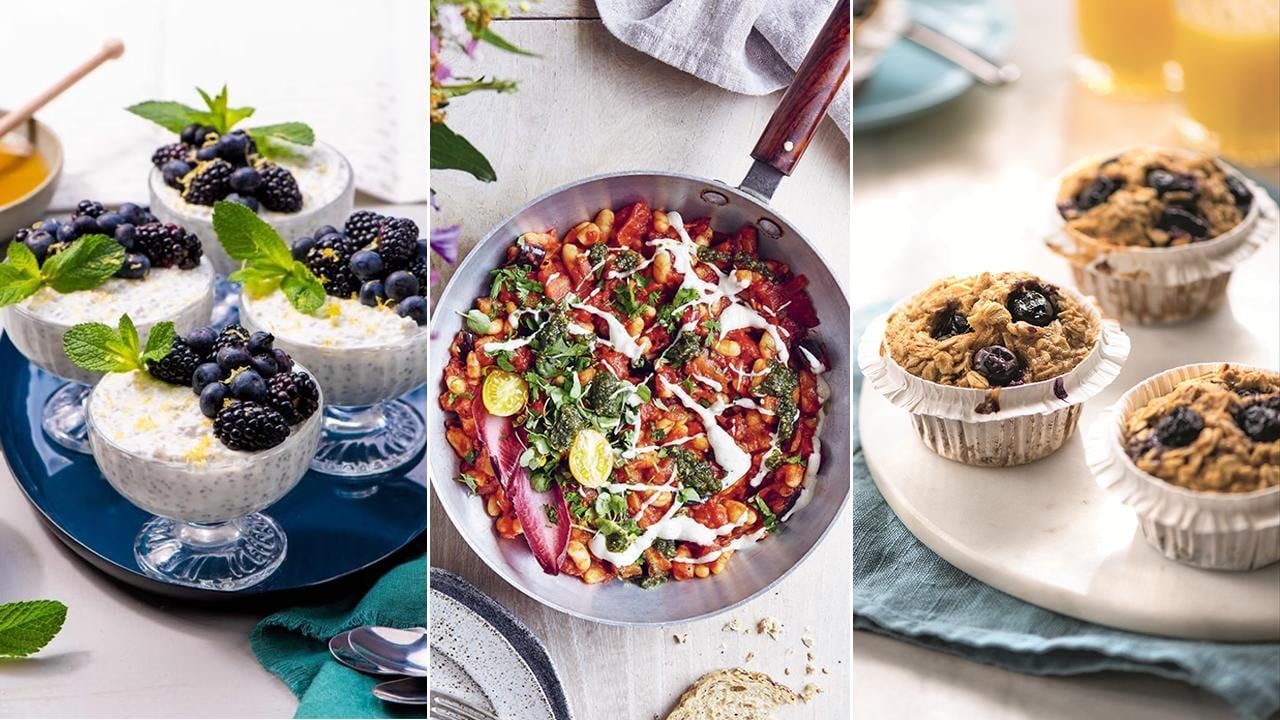 default-338 3 images of various breakfast dishes, including berry chia yogurt, shakshuka with beans, and baked oatmeal cups