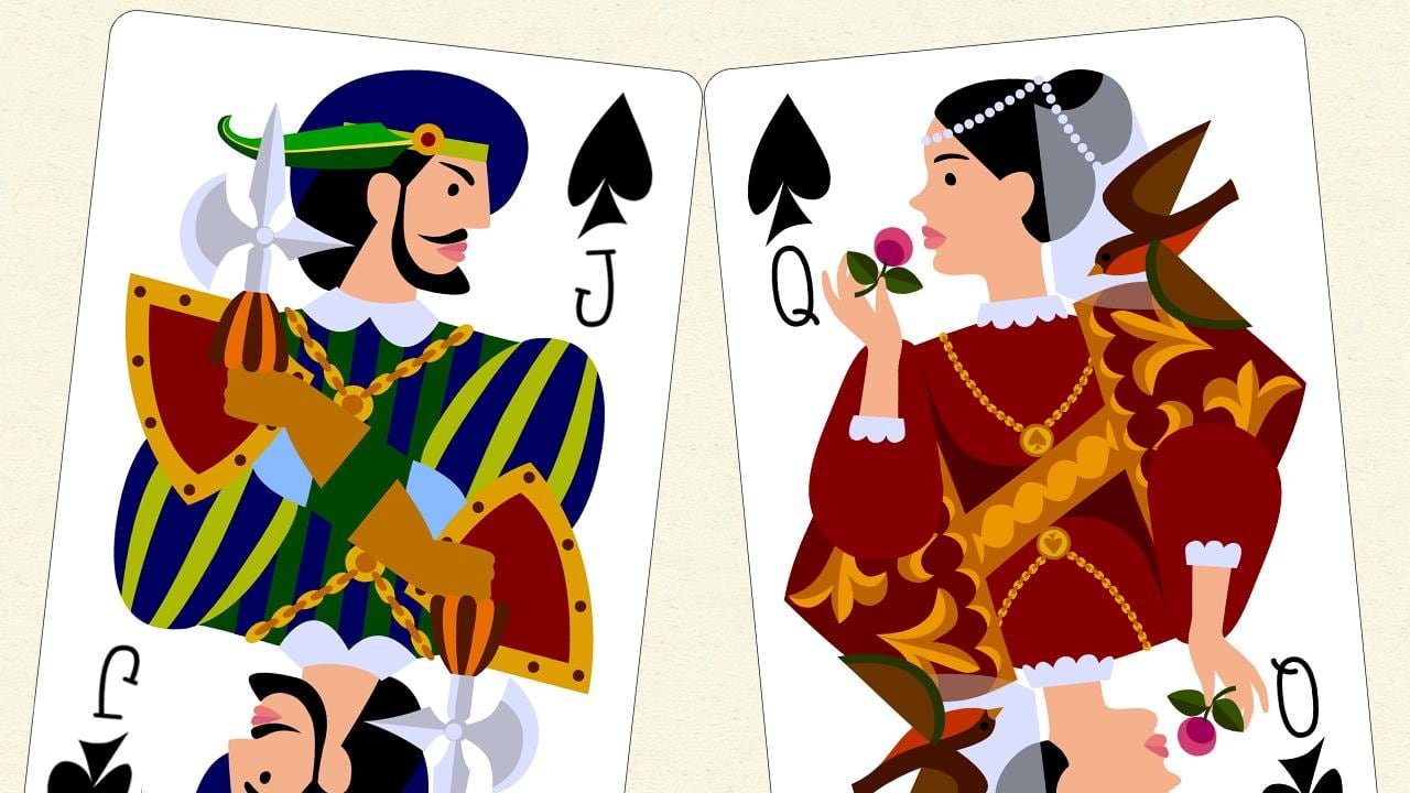 Illustration of 2 playing cards (a joker and a queen) facing one another on a beige background.